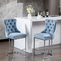 26" Counter Height Bar Stools Set Of 2, Modern Velvet Barstools With Button Back&Rivet Trim Upholstered Kitchen Island Chairs With Sturdy Chromed Metal Base Legs Farmhouse Bar Stools,Light Blue,2
