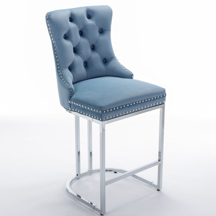 26" Counter Height Bar Stools Set Of 2, Modern Velvet Barstools With Button Back&Rivet Trim Upholstered Kitchen Island Chairs With Sturdy Chromed Metal Base Legs Farmhouse Bar Stools,Light Blue,2