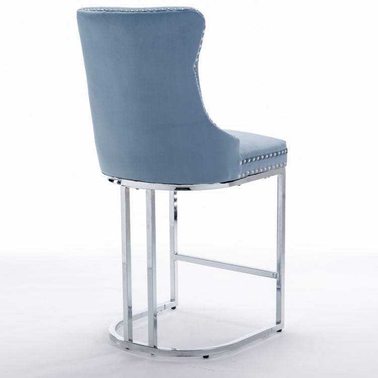 26" Counter Height Bar Stools Set Of 2, Modern Velvet Barstools With Button Back&Rivet Trim Upholstered Kitchen Island Chairs With Sturdy Chromed Metal Base Legs Farmhouse Bar Stools,Light Blue,2