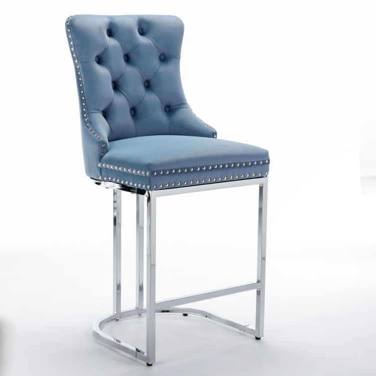 26" Counter Height Bar Stools Set Of 2, Modern Velvet Barstools With Button Back&Rivet Trim Upholstered Kitchen Island Chairs With Sturdy Chromed Metal Base Legs Farmhouse Bar Stools,Light Blue,2