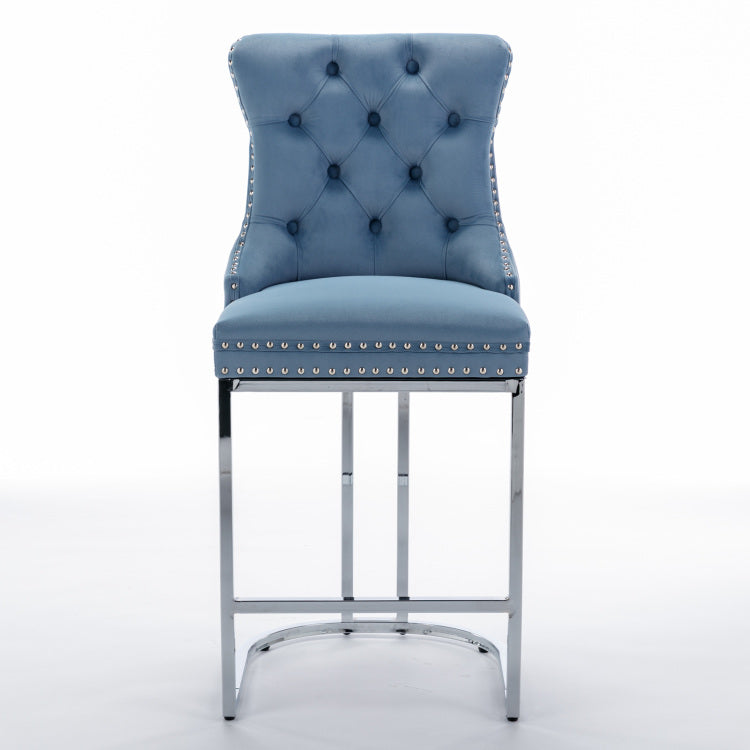 26" Counter Height Bar Stools Set Of 2, Modern Velvet Barstools With Button Back&Rivet Trim Upholstered Kitchen Island Chairs With Sturdy Chromed Metal Base Legs Farmhouse Bar Stools,Light Blue,2