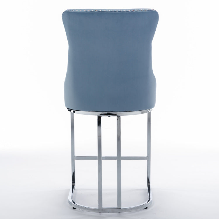 26" Counter Height Bar Stools Set Of 2, Modern Velvet Barstools With Button Back&Rivet Trim Upholstered Kitchen Island Chairs With Sturdy Chromed Metal Base Legs Farmhouse Bar Stools,Light Blue,2