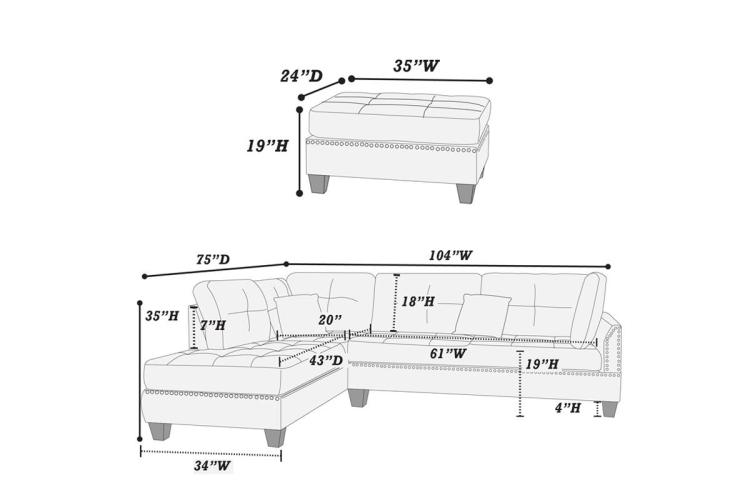 3 Pcs Sectional Sofa Black Polyfiber Cushion Sofa Chaise Ottoman Reversible Couch Pillows