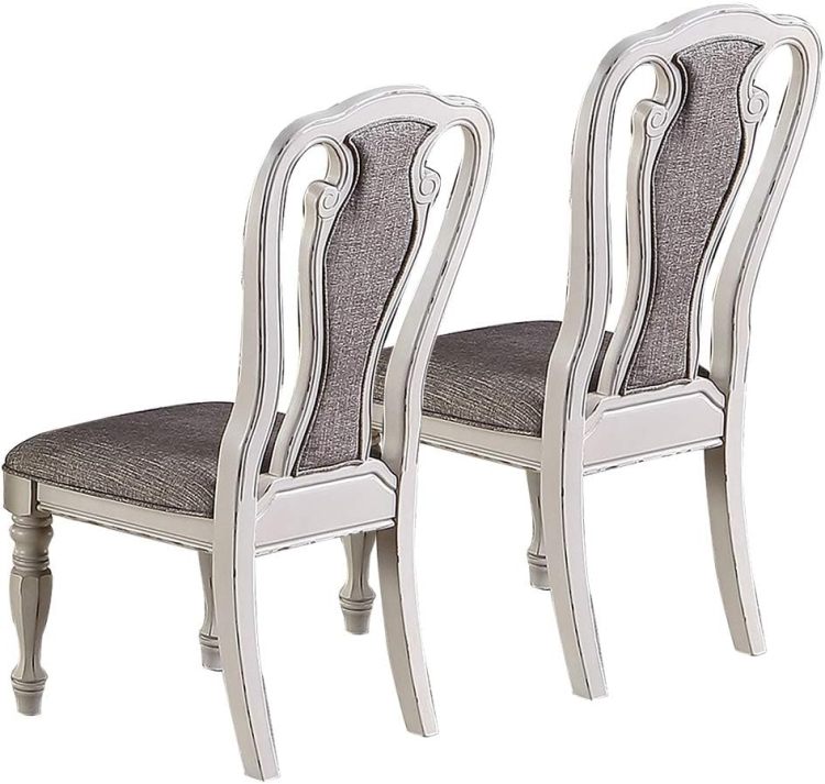 Antique White Set Of 2 Dining Chairs Grey Upholstered Tufted Unique Design Chairs Back Cushion Seat Dining Room
