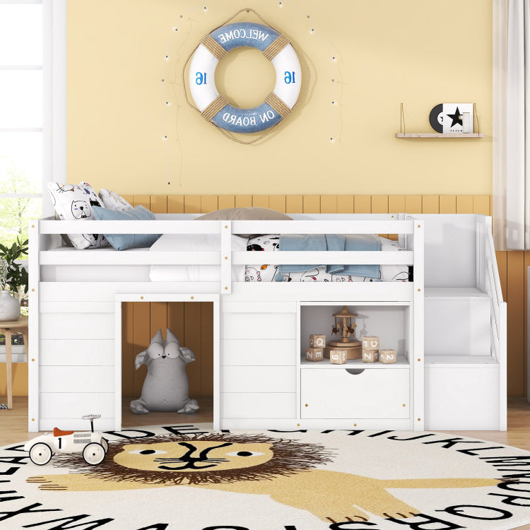 Twin Bed, Solid Wood Twin Size Low Loft Bed With Stair, Drawer, And Shelf Of White Color
