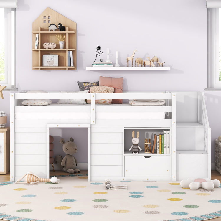 Twin Bed, Solid Wood Twin Size Low Loft Bed With Stair, Drawer, And Shelf Of White Color