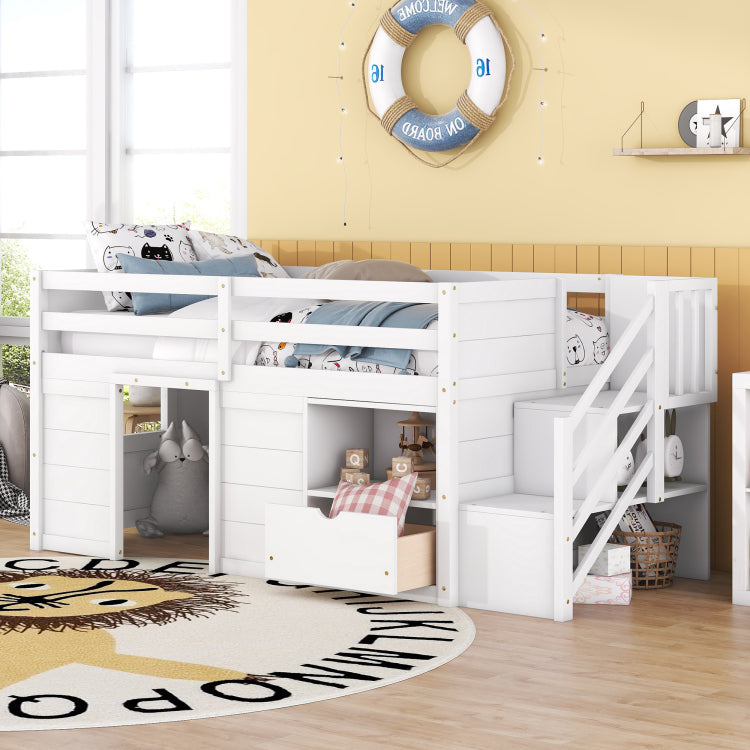 Twin Bed, Solid Wood Twin Size Low Loft Bed With Stair, Drawer, And Shelf Of White Color