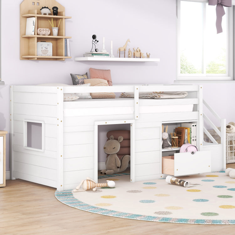 Twin Bed, Solid Wood Twin Size Low Loft Bed With Stair, Drawer, And Shelf Of White Color