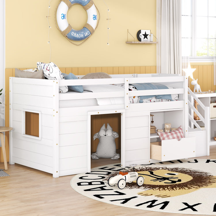 Twin Bed, Solid Wood Twin Size Low Loft Bed With Stair, Drawer, And Shelf Of White Color