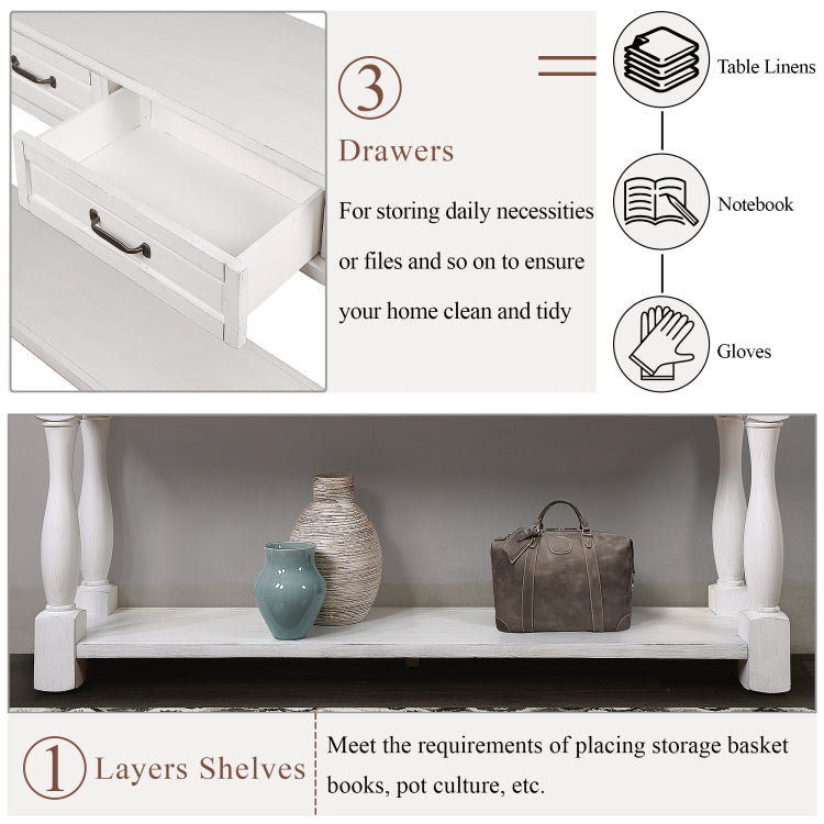 63Inch Long Wood Console Table With 3 Drawers And 1 Bottom Shelf For Entryway Hallway Easy Assembly Extra Thick Sofa Table Antique White