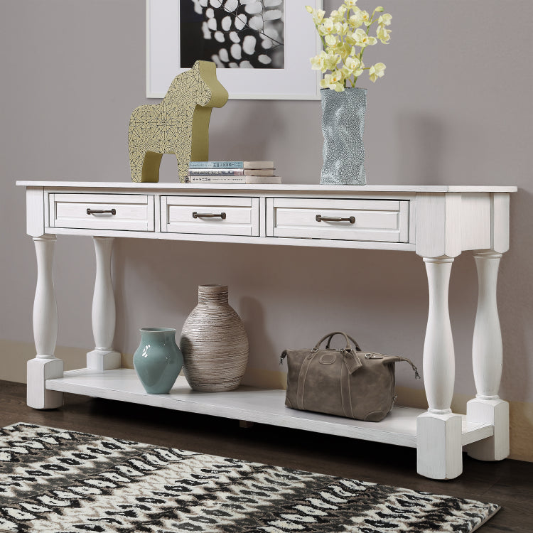 63Inch Long Wood Console Table With 3 Drawers And 1 Bottom Shelf For Entryway Hallway Easy Assembly Extra Thick Sofa Table Antique White