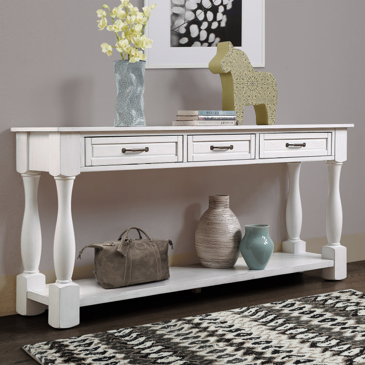 63Inch Long Wood Console Table With 3 Drawers And 1 Bottom Shelf For Entryway Hallway Easy Assembly Extra Thick Sofa Table Antique White
