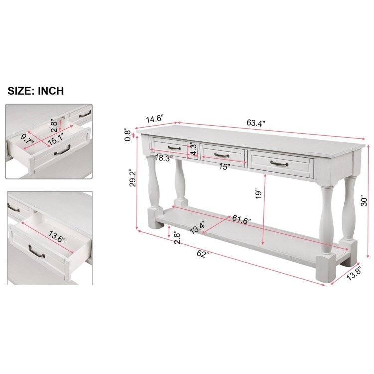 63Inch Long Wood Console Table With 3 Drawers And 1 Bottom Shelf For Entryway Hallway Easy Assembly Extra Thick Sofa Table Antique White