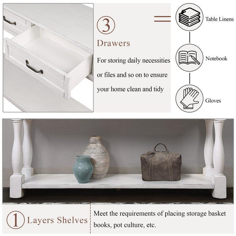 63Inch Long Wood Console Table With 3 Drawers And 1 Bottom Shelf For Entryway Hallway Easy Assembly Extra Thick Sofa Table Antique White