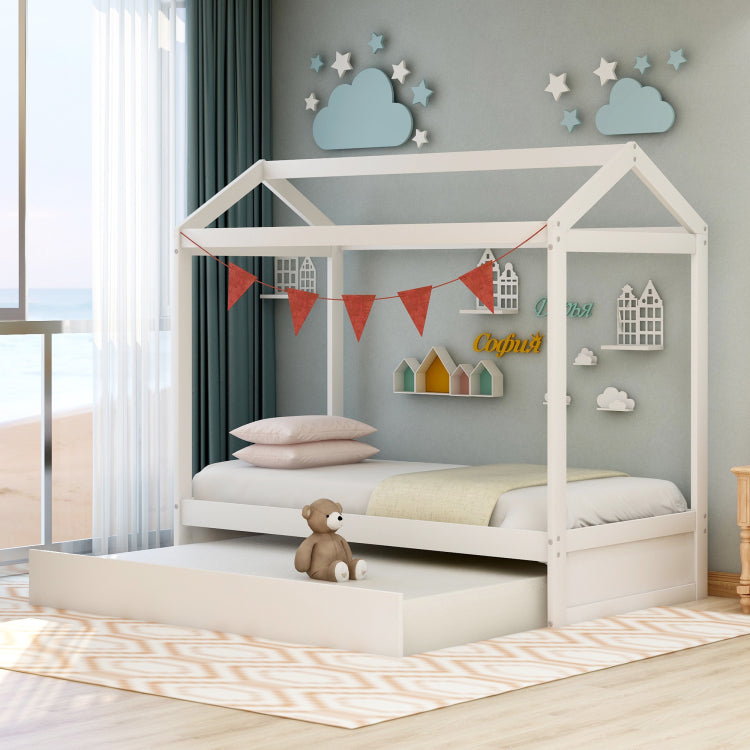 House Bed With Trundle, Can Be Decorated,White Old Sku:Sm000103Aak