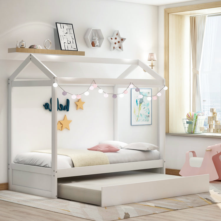 House Bed With Trundle, Can Be Decorated,White Old Sku:Sm000103Aak
