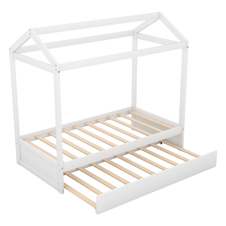 House Bed With Trundle, Can Be Decorated,White Old Sku:Sm000103Aak