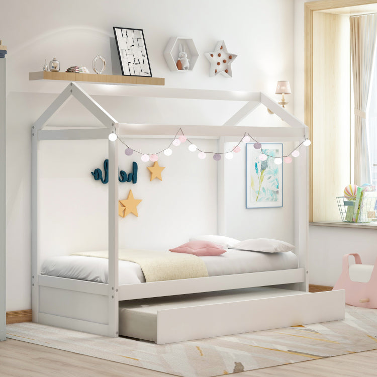 House Bed With Trundle, Can Be Decorated,White Old Sku:Sm000103Aak