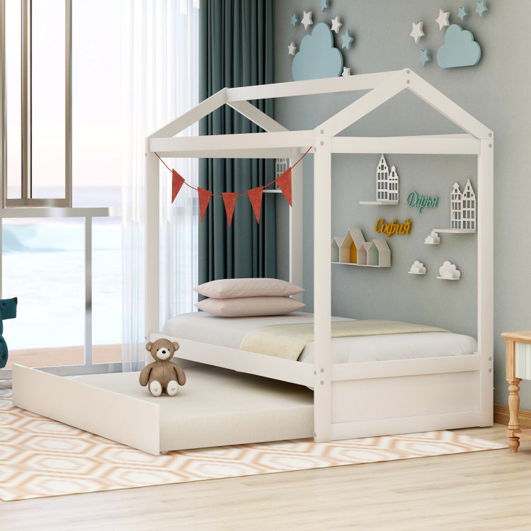 House Bed With Trundle, Can Be Decorated,White Old Sku:Sm000103Aak