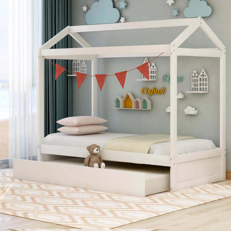 House Bed With Trundle, Can Be Decorated,White Old Sku:Sm000103Aak
