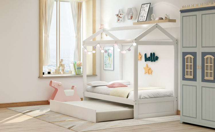 House Bed With Trundle, Can Be Decorated,White Old Sku:Sm000103Aak