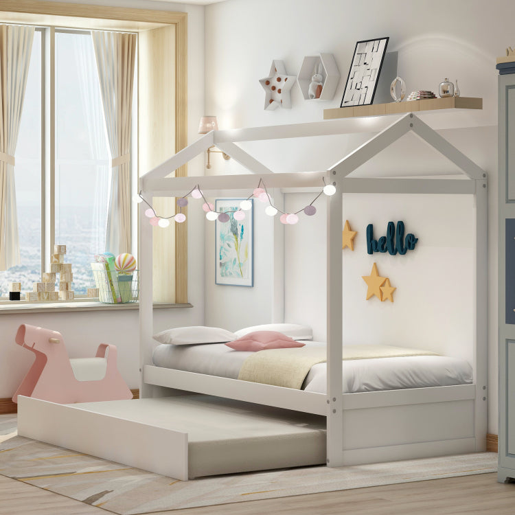House Bed With Trundle, Can Be Decorated,White Old Sku:Sm000103Aak
