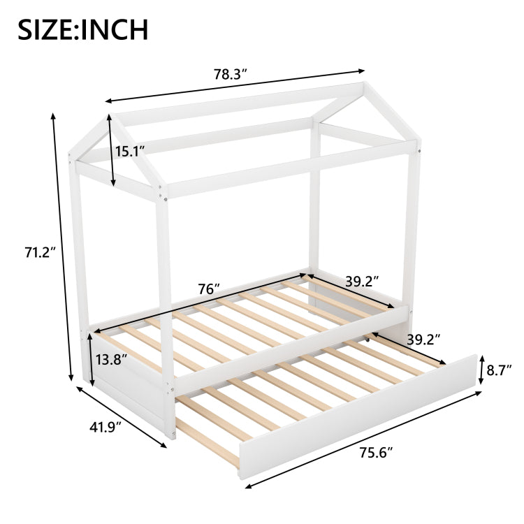 House Bed With Trundle, Can Be Decorated,White Old Sku:Sm000103Aak