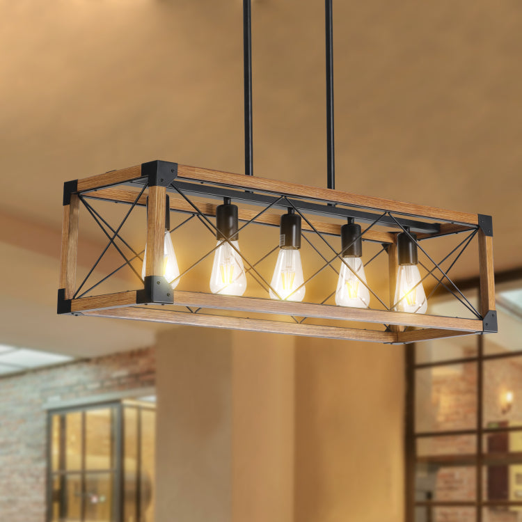 Same As W1340111207 L1011 32" Walnut Industrial Farmhouse Rectangle Pendant Light, 5 Light Chandelier For Dining Room, Kitchen Island, Cafe Decor No Bulbs