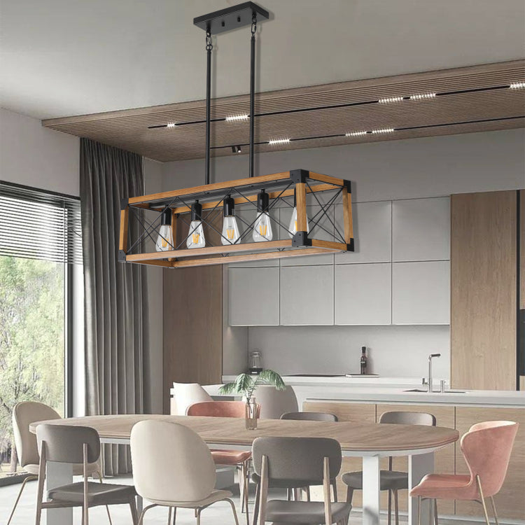 Same As W1340111207 L1011 32" Walnut Industrial Farmhouse Rectangle Pendant Light, 5 Light Chandelier For Dining Room, Kitchen Island, Cafe Decor No Bulbs