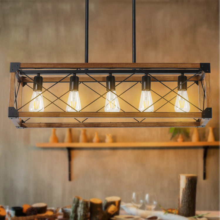 Same As W1340111207 L1011 32" Walnut Industrial Farmhouse Rectangle Pendant Light, 5 Light Chandelier For Dining Room, Kitchen Island, Cafe Decor No Bulbs