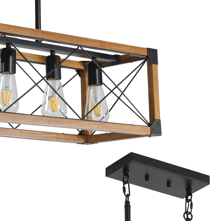 Same As W1340111207 L1011 32" Walnut Industrial Farmhouse Rectangle Pendant Light, 5 Light Chandelier For Dining Room, Kitchen Island, Cafe Decor No Bulbs