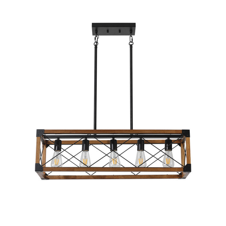 Same As W1340111207 L1011 32" Walnut Industrial Farmhouse Rectangle Pendant Light, 5 Light Chandelier For Dining Room, Kitchen Island, Cafe Decor No Bulbs