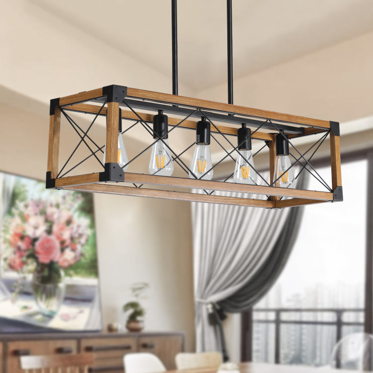 Same As W1340111207 L1011 32" Walnut Industrial Farmhouse Rectangle Pendant Light, 5 Light Chandelier For Dining Room, Kitchen Island, Cafe Decor No Bulbs