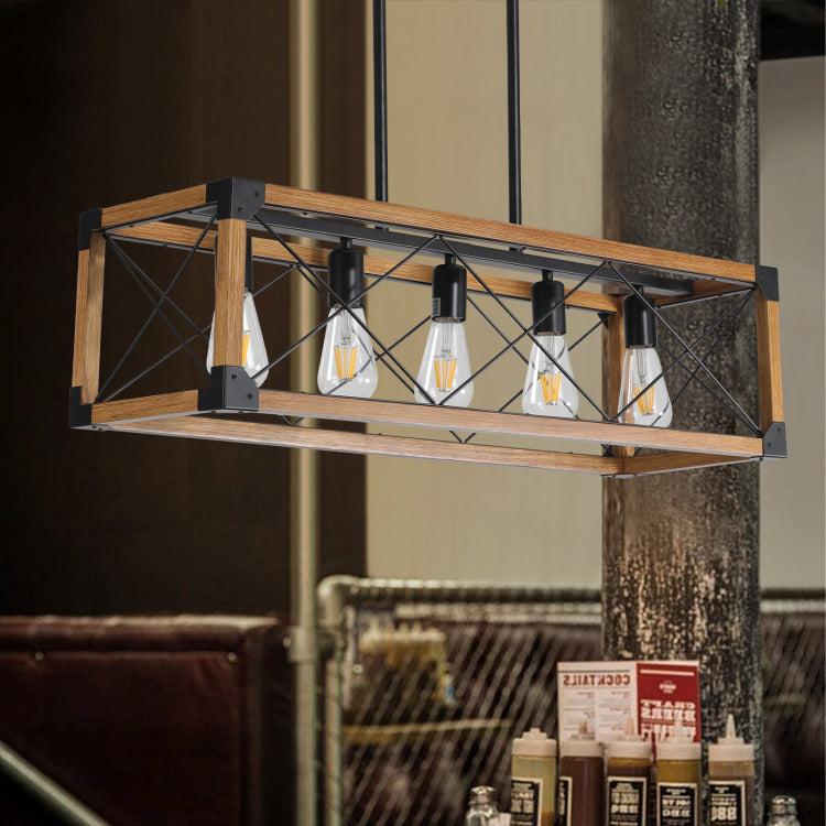 Same As W1340111207 L1011 32" Walnut Industrial Farmhouse Rectangle Pendant Light, 5 Light Chandelier For Dining Room, Kitchen Island, Cafe Decor No Bulbs