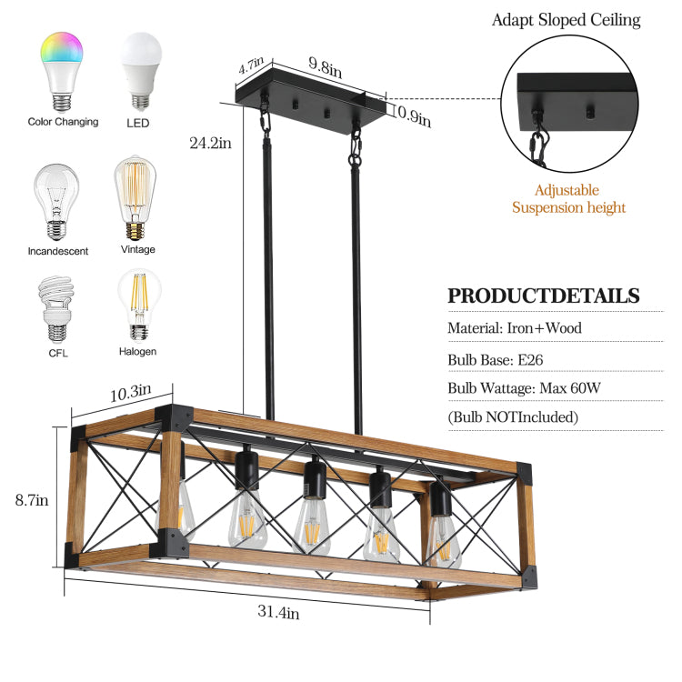 Same As W1340111207 L1011 32" Walnut Industrial Farmhouse Rectangle Pendant Light, 5 Light Chandelier For Dining Room, Kitchen Island, Cafe Decor No Bulbs