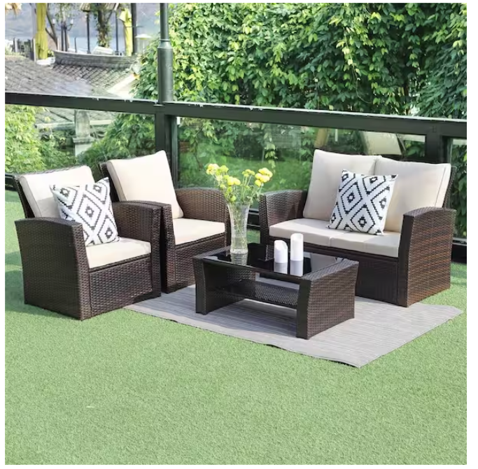 4 Pieces Outdoor Patio Furniture Set Pe Rattan Wicker With Brown