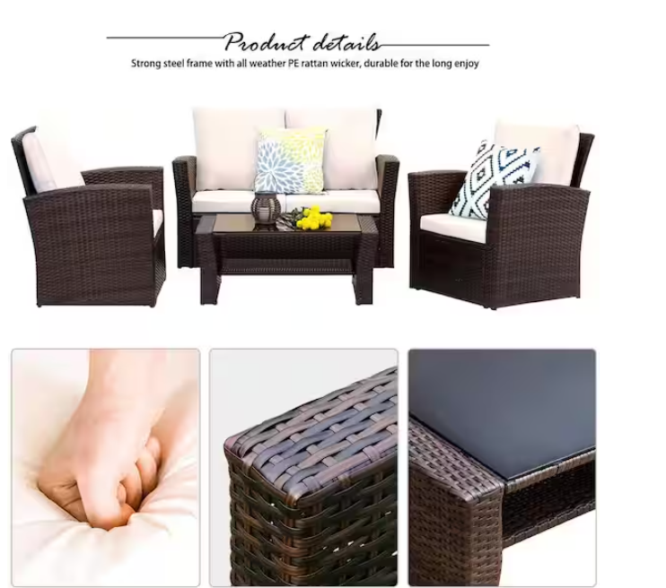 4 Pieces Outdoor Patio Furniture Set Pe Rattan Wicker With Brown