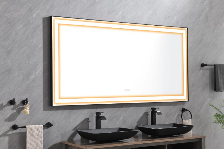 72 In. W X 36 In. H Black Framed Led Single Bathroom Vanity Mirror In Polished Crystal Bathroom Vanity Led Mirror With 3 Color Lights Mirror For Bathroom Wall Smart Lighted Vanity Mirror