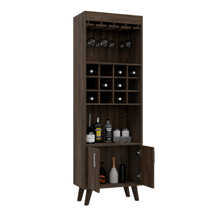 Oslo Bar Cabinet, Twelve Built In Wine Rack, Double Door Cabinet, Two Shelves Dark Walnut