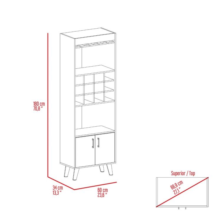 Oslo Bar Cabinet, Twelve Built In Wine Rack, Double Door Cabinet, Two Shelves Dark Walnut