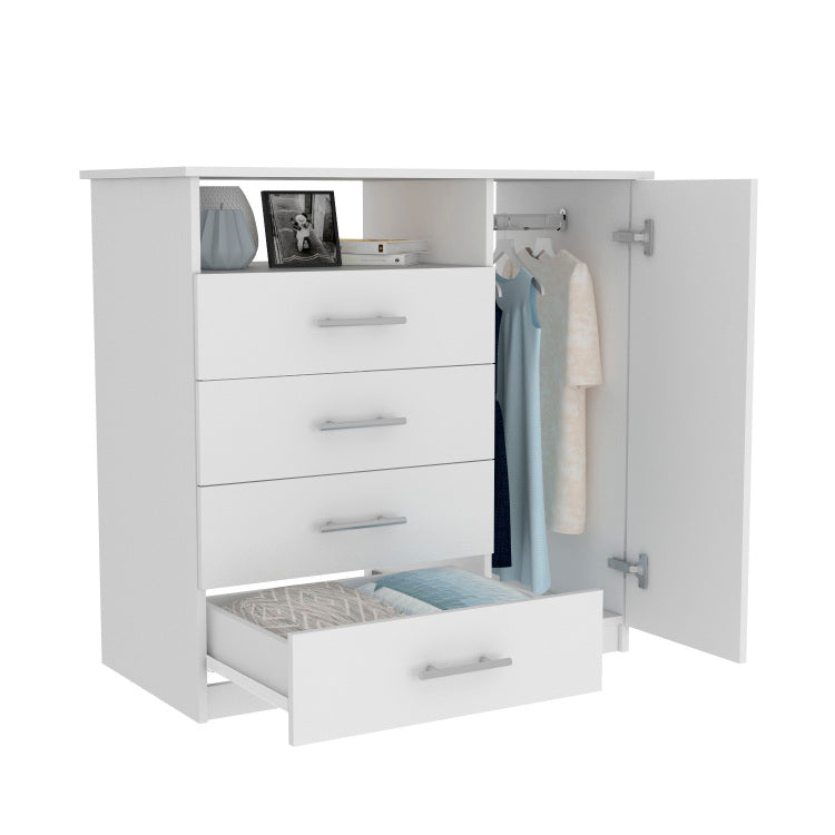 Peru 4 Drawer Dresser, Single Door Cabinet, One Open Shelf, Superior Top White