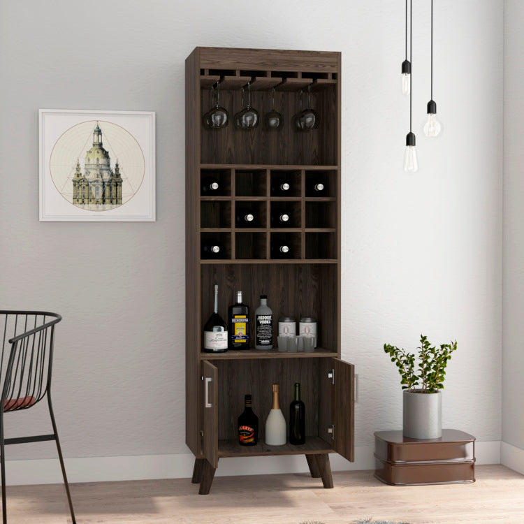 Oslo Bar Cabinet, Twelve Built In Wine Rack, Double Door Cabinet, Two Shelves Dark Walnut