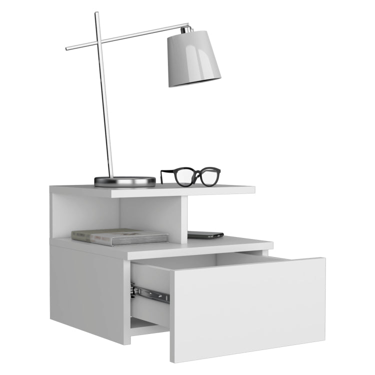 Adele Floating Nightstand , End Table, Side Table Drawer, Open Top Shelves White