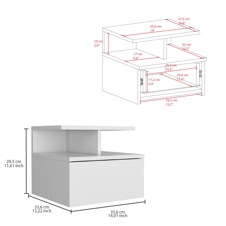 Adele Floating Nightstand , End Table, Side Table Drawer, Open Top Shelves White
