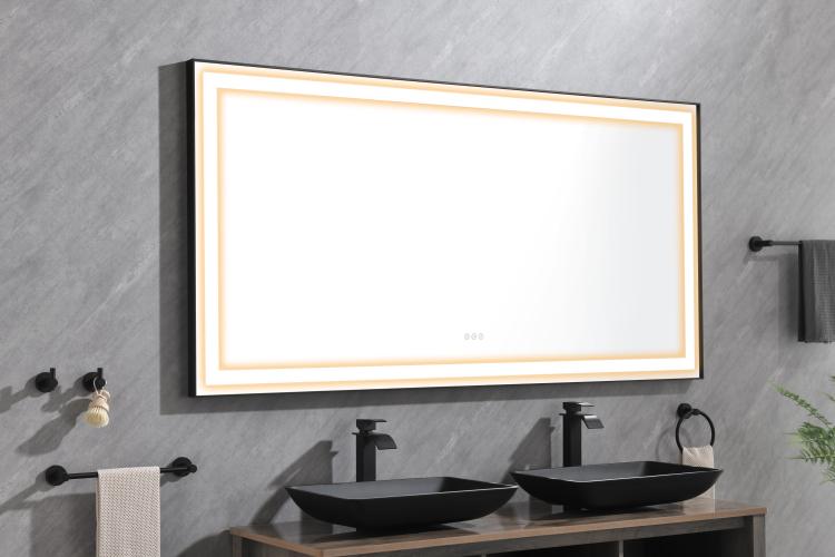 72 In. W X 36 In. H Black Framed Led Single Bathroom Vanity Mirror In Polished Crystal Bathroom Vanity Led Mirror With 3 Color Lights Mirror For Bathroom Wall Smart Lighted Vanity Mirror
