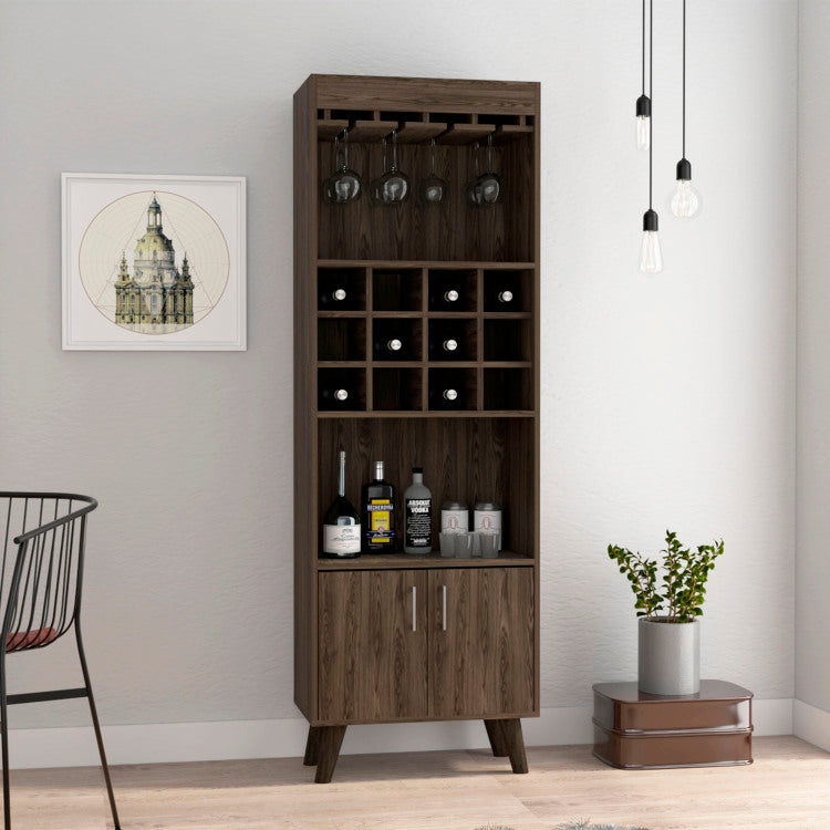 Oslo Bar Cabinet, Twelve Built In Wine Rack, Double Door Cabinet, Two Shelves Dark Walnut