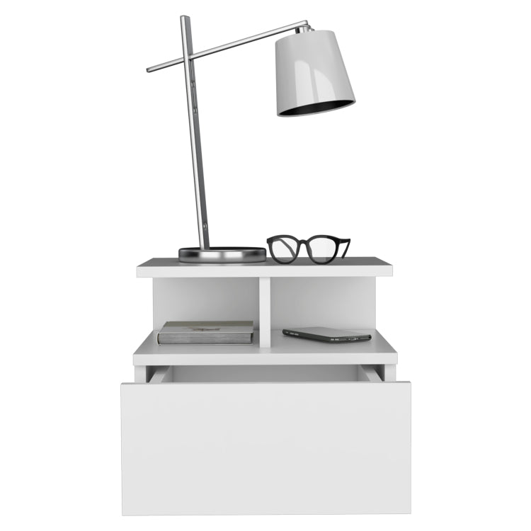 Adele Floating Nightstand , End Table, Side Table Drawer, Open Top Shelves White