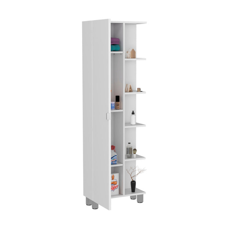 Urano Corner Linen Cabinet, Five External Shelves, Single Door, Four Interior Shelves White