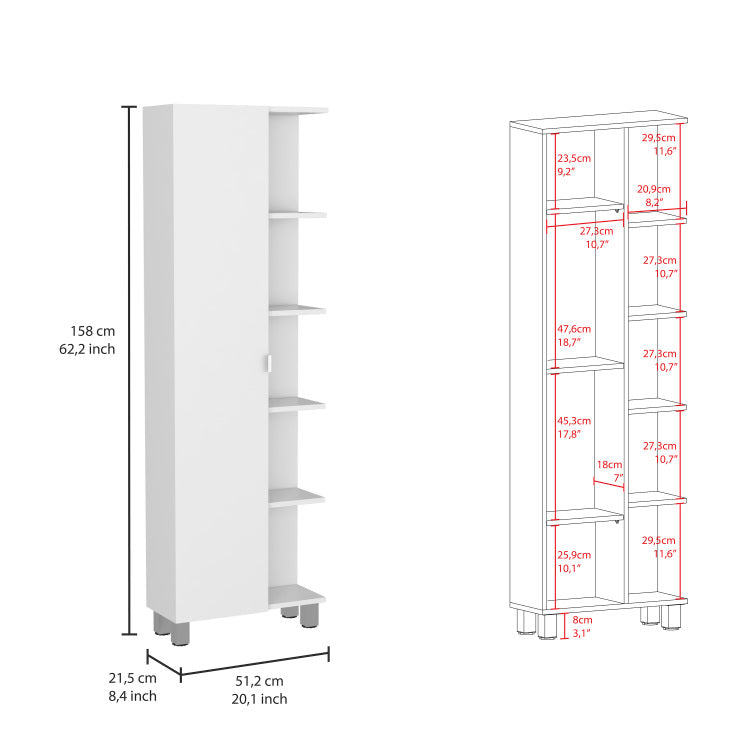 Urano Corner Linen Cabinet, Five External Shelves, Single Door, Four Interior Shelves White