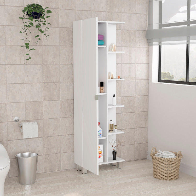 Urano Corner Linen Cabinet, Five External Shelves, Single Door, Four Interior Shelves White